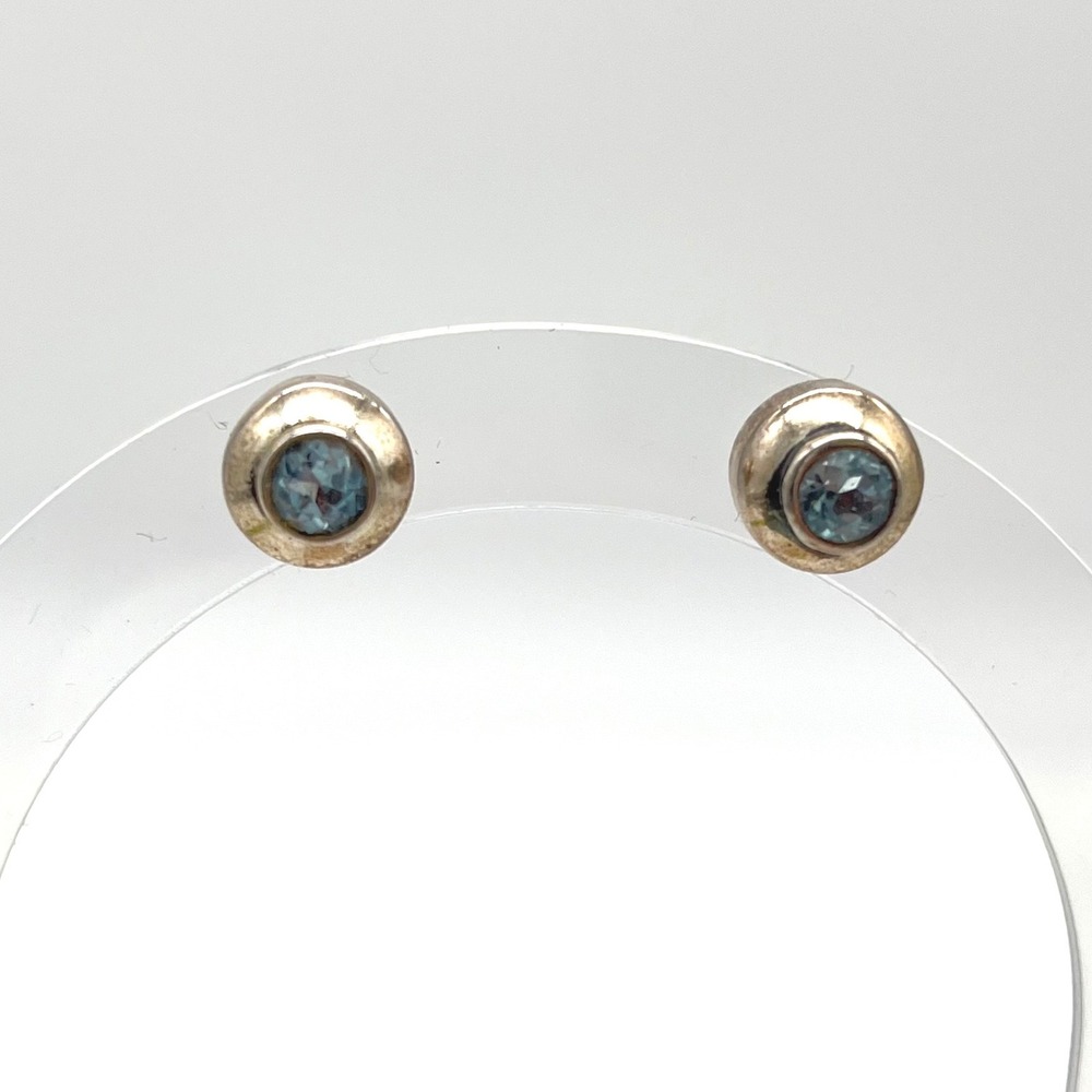 Sterling‎ Silver Blue Topaz Round Bezel Stud Earrings Polished Minimalist Small